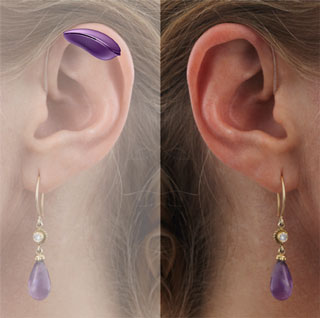 A split mirror image of a woman's ear with a RITE hearing aid with a normal view on one side and an x-ray view of the other showing the purple aid behind the ear