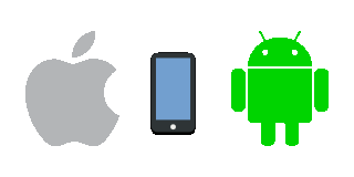 A mobile phone between Apple and Android logos