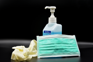 Hand sanitiser, medical mask and gloves