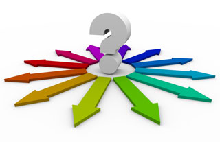 A graphic illustration of a question mark with a circle of coloured arrows radiating outwards