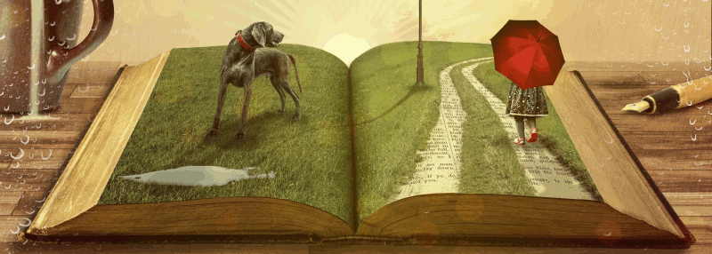 Illustration of a book with a scene coming up out of the pages - a girl with an umbrella and a dog